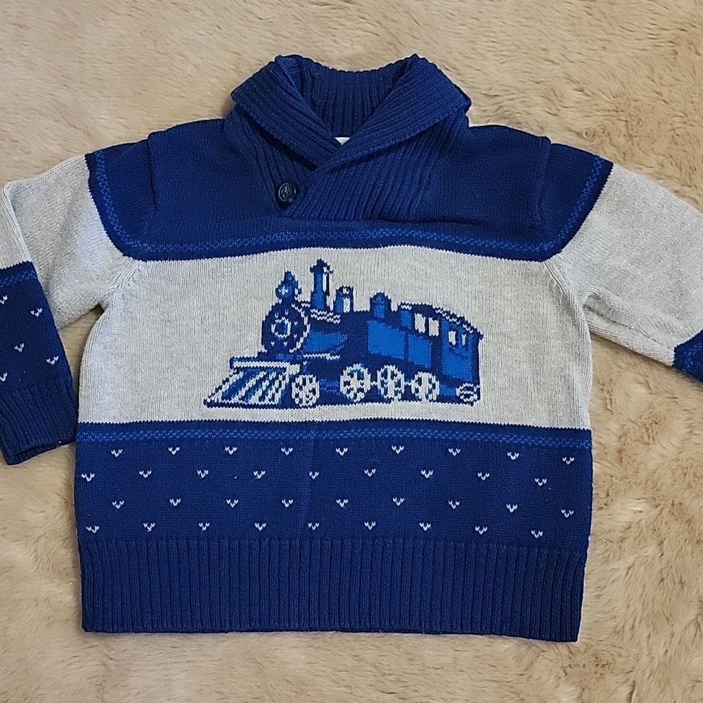 JANIE AND JACK BLUE AND GRAY TRAIN SHAWL COLLAR SWEATER, SIZE 12-18 MONTHS